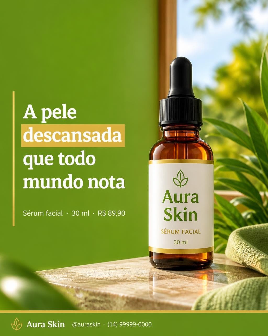 A mesma foto virando post profissional no AutoPubli: produto igual ao real, texto certo em português, com a cara da loja