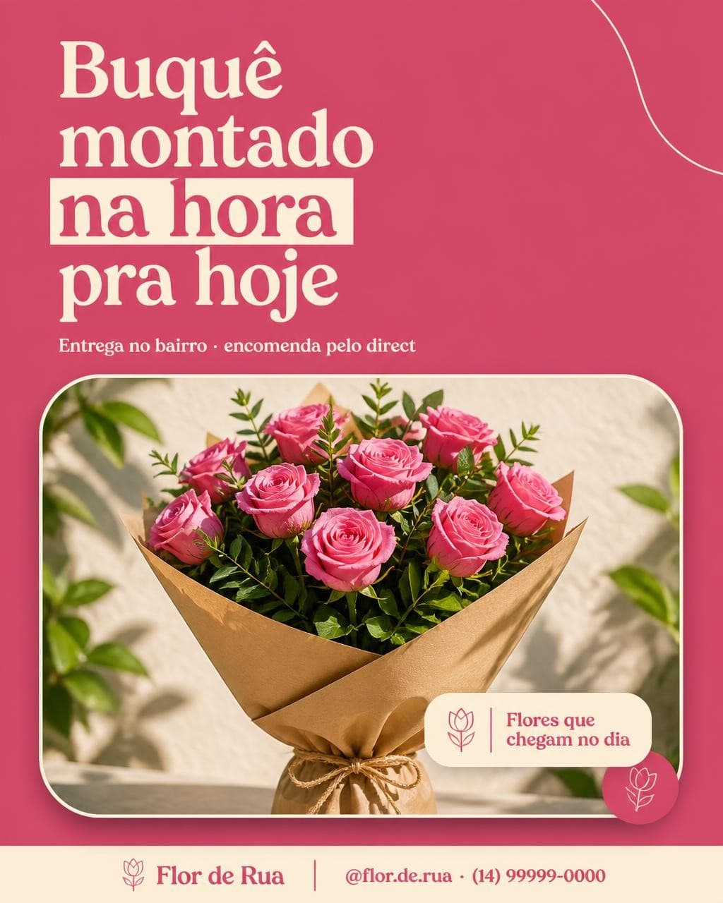 O mesmo buquê virando post pronto, com fundo limpo e o texto já escrito